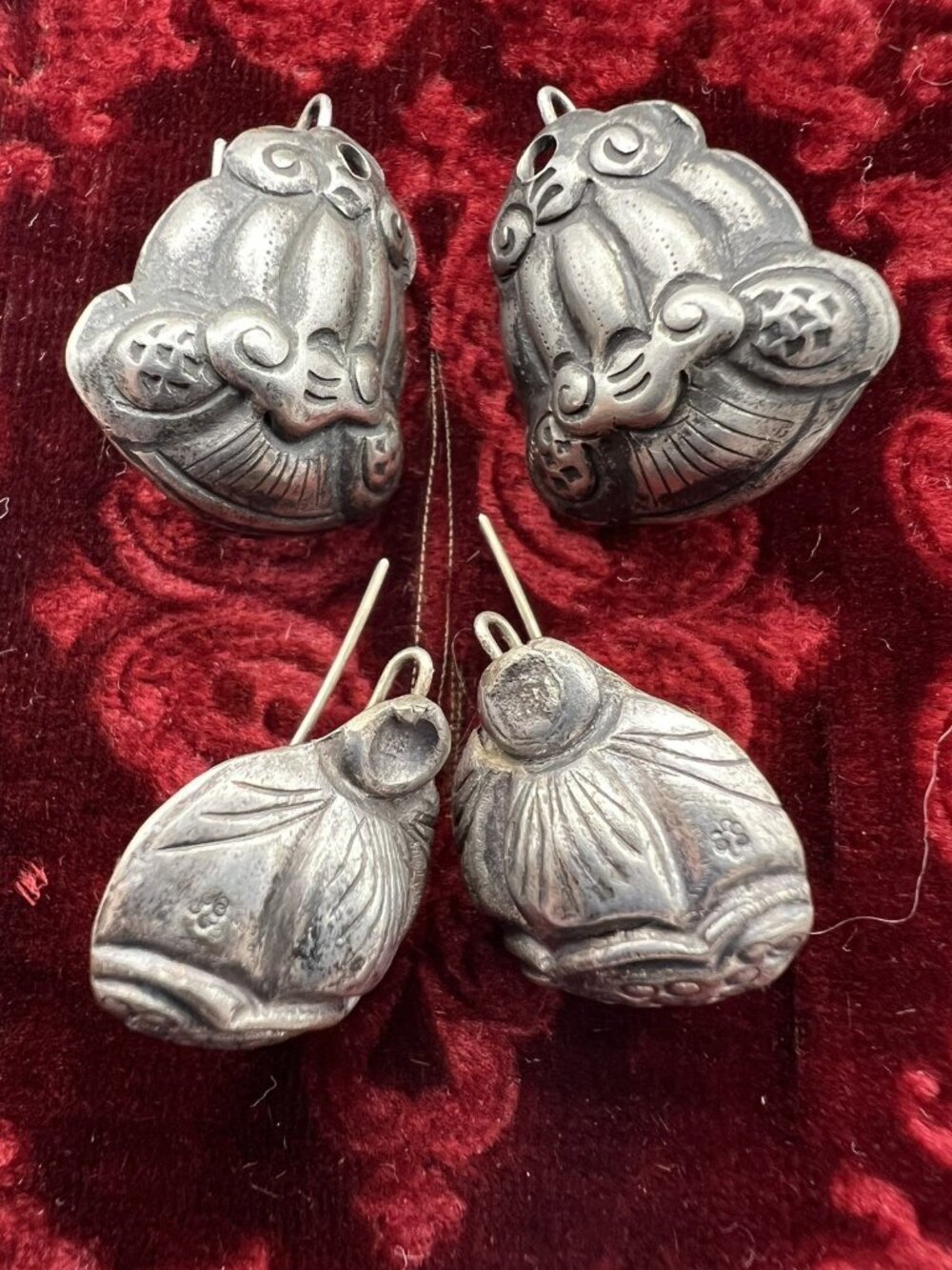 Antique Qing Dynasty Chinese Silver Earrings 2 Pair